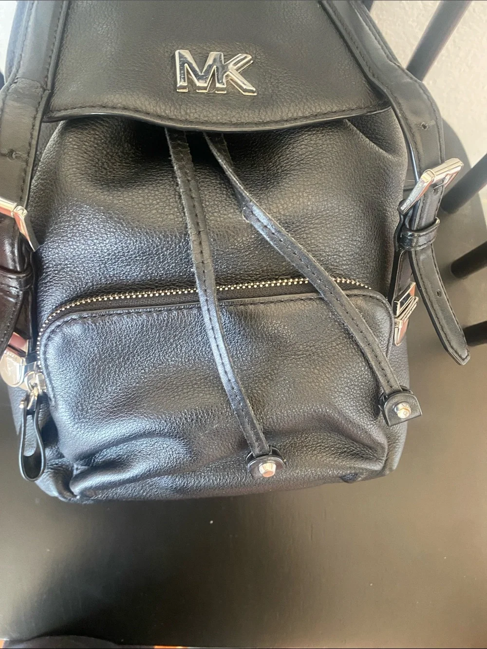 Michael Kors Black Leather Mini Backpack with Gold MK Logo